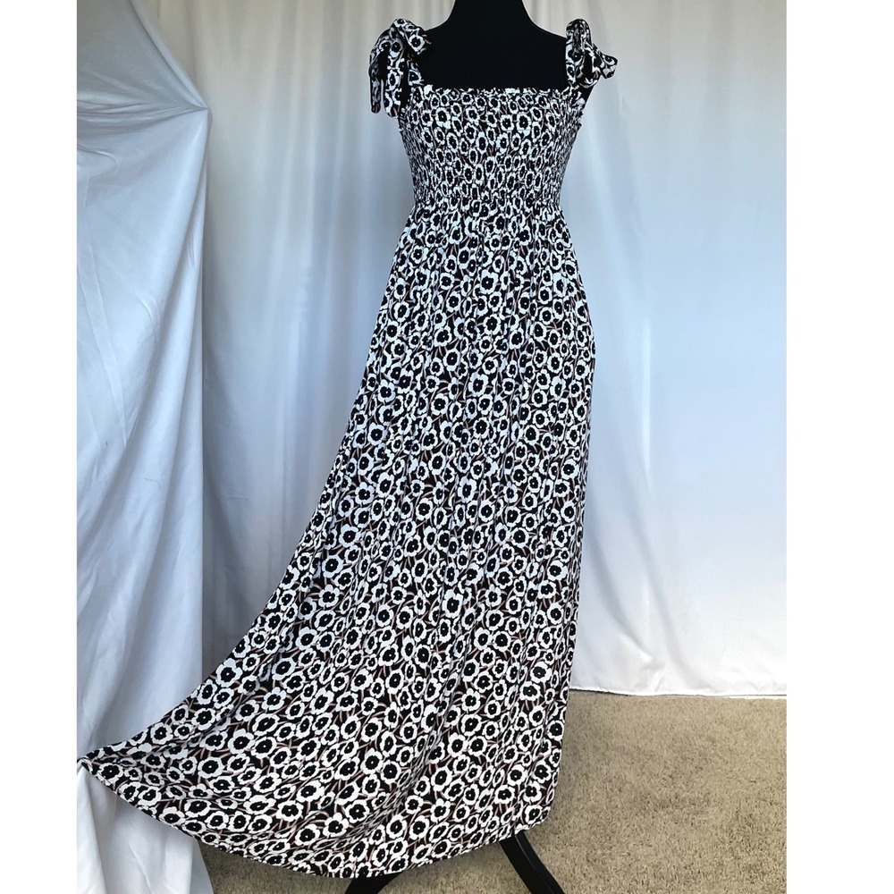 Diane Von Furstenberg Maxi Dress XXS Black White Poppy Floral Smocked Tie Strap